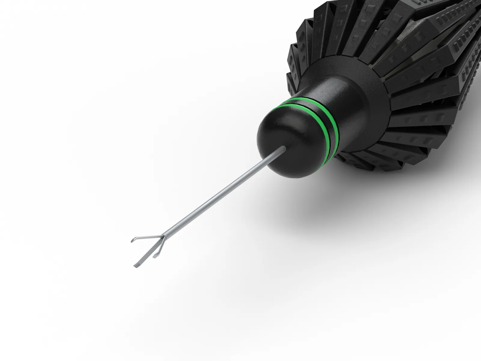 AK1666F instrument with black handle, green accents and metal shaft on a white background